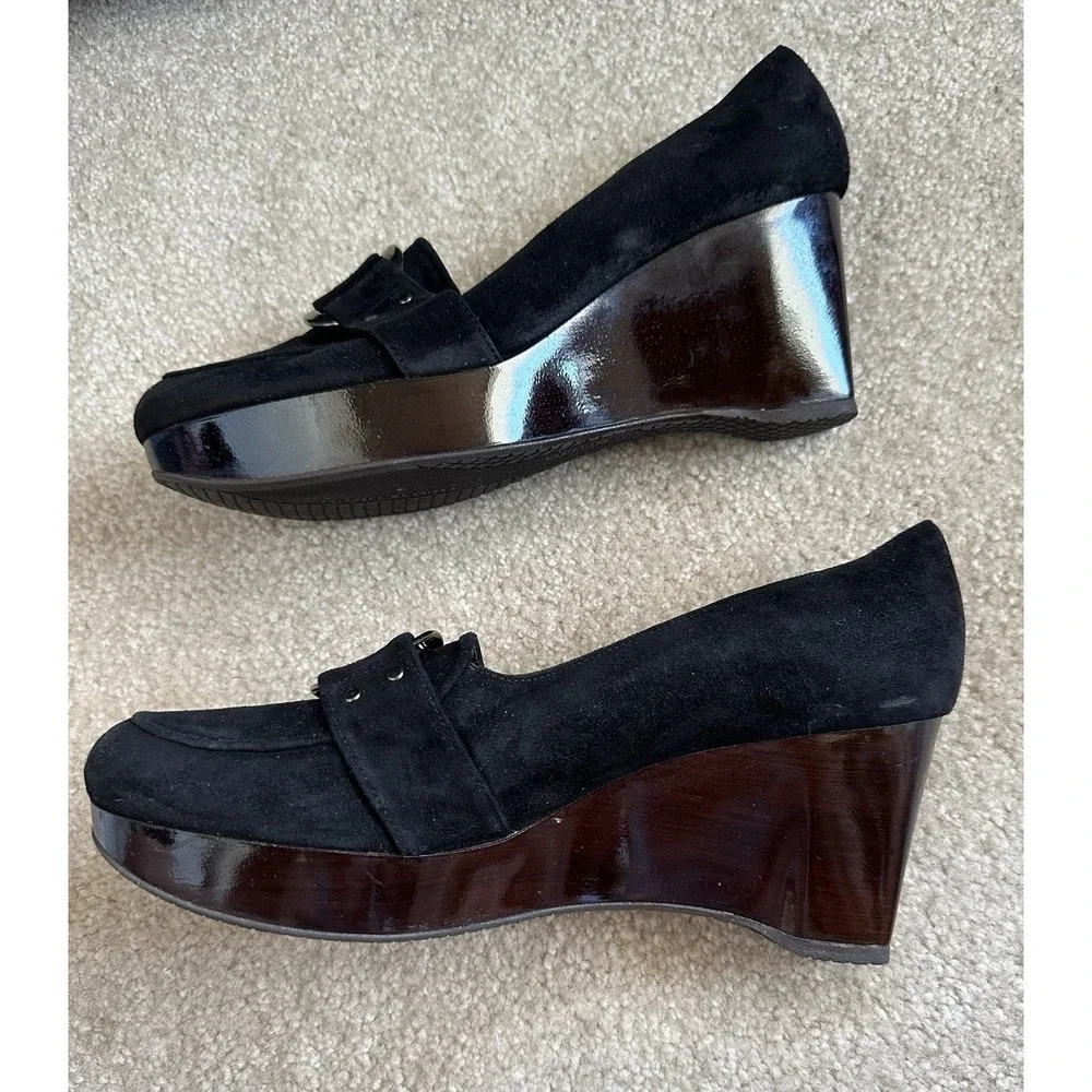 Stuart Weitzman Black Suede Brown‎ Wood Wedge Shoes Size 8 1/2 Silver Studs Read - Picture 4 of 13